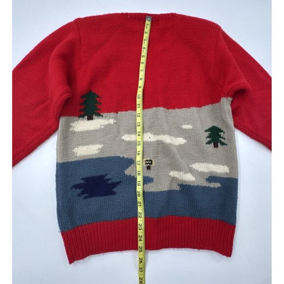 Vintage 80s Wool Cardigan Sweater Womens Medium Red Rustic Cabin Forest Button - Picture 14 of 15